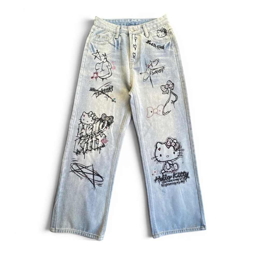 Vintage Hello Kitty Graffiti Rhinestone Wide Leg Jeans Womens 43 Blue Light Wash